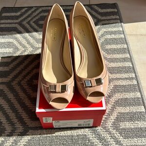 Coach nude patented leather open toe wedge shoes